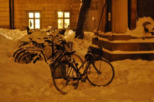 Bikes covered with snow